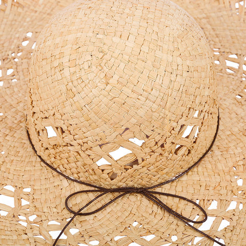 Woman Lafite Grass Gole Fine Leather Rope Bow Shade Straw Hat