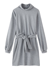 Women Grey High Neck Ribbed Sashes Midi Dress