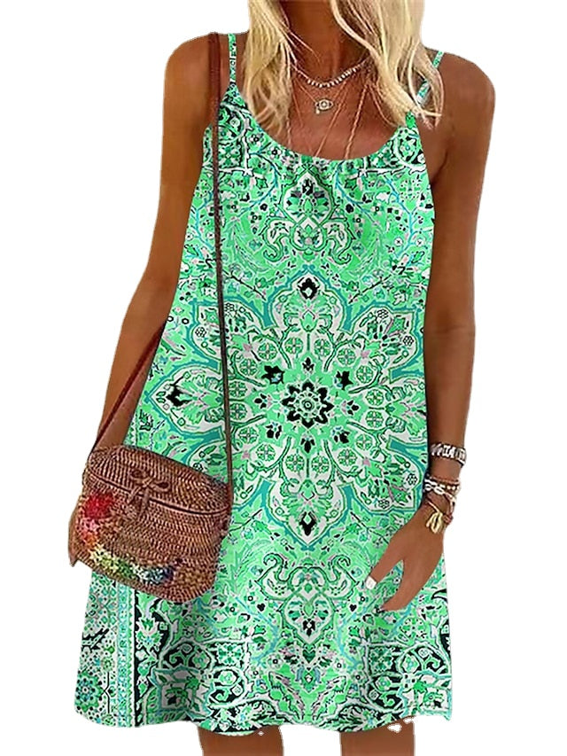 Women's Casual Dress Summer Dress Slip Dress Tribal Drawstring Print Strap Mini Dress Fashion Holiday Vacation Sleeveless Loose Fit