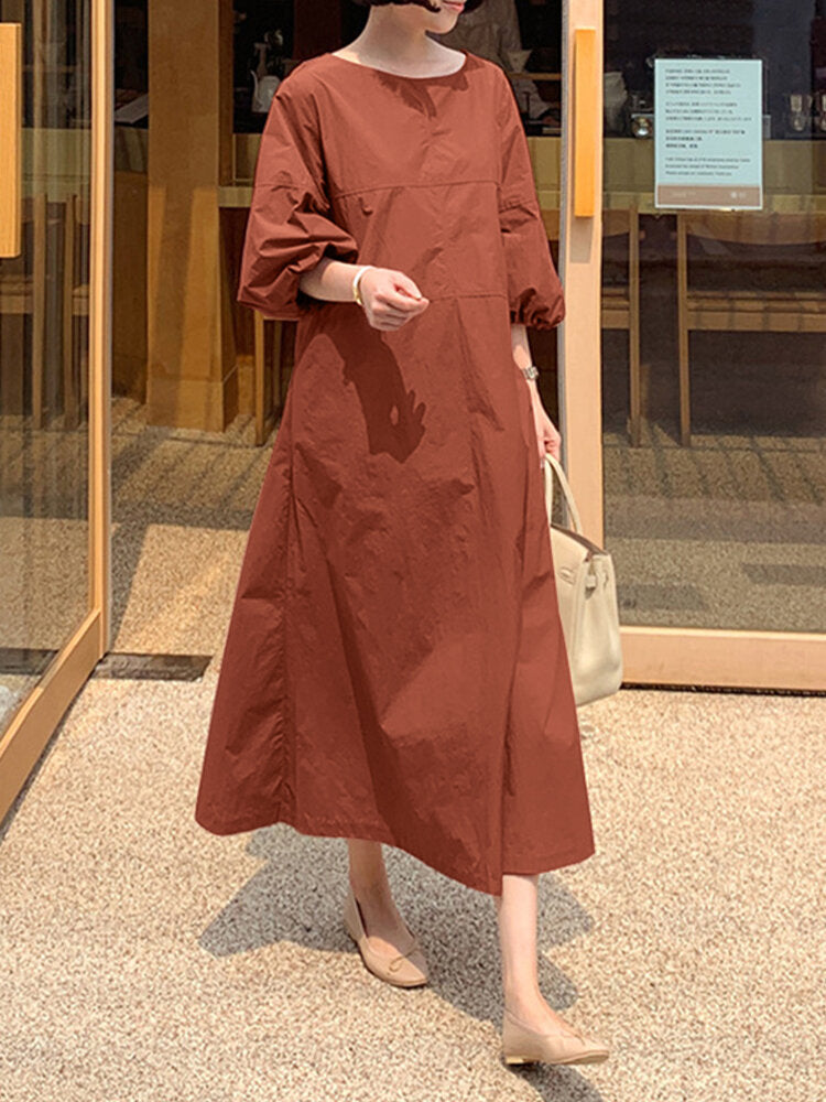 Women Solid Color O-Neck Puff Sleeves Swing Casual Maxi Dress