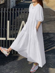 Women Cotton Solid Color Puff Sleeve Pleated Simple Maxi Dresses With Pocket