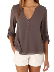 Chiffon Buttons V-Neck Irregular Hem Adjustable Sleeves Solid Causal Blouse