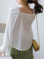 Solid Color Long Sleeve Square Collar Ruffled Blouse For Women