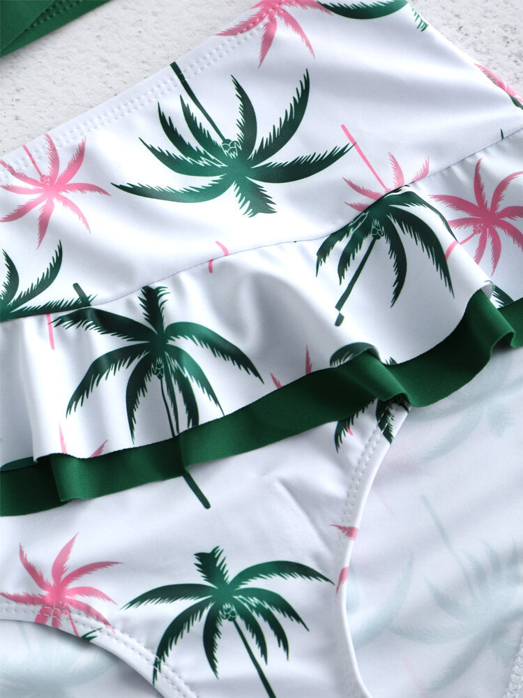 Floral Printed High Waist Sleeveless Ruffle Backless Tankinis Swimwear