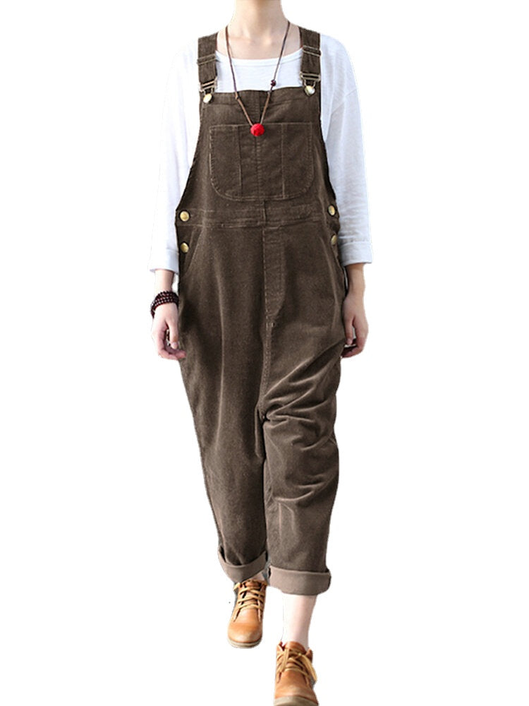 Corduroy Sleeveless Loose Button Causal Side Pocket Jumpsuit For Women