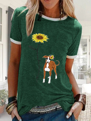 Cartoon Floral Dog Printed Short Sleeve Casual Loose T-shirt