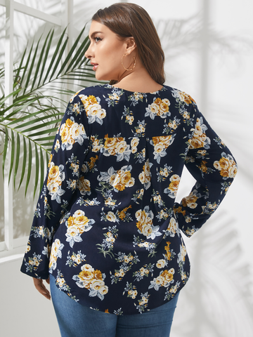 Women Plus Size Floral Print Half Zipper V-Neck Casual Long Sleeve Blouse