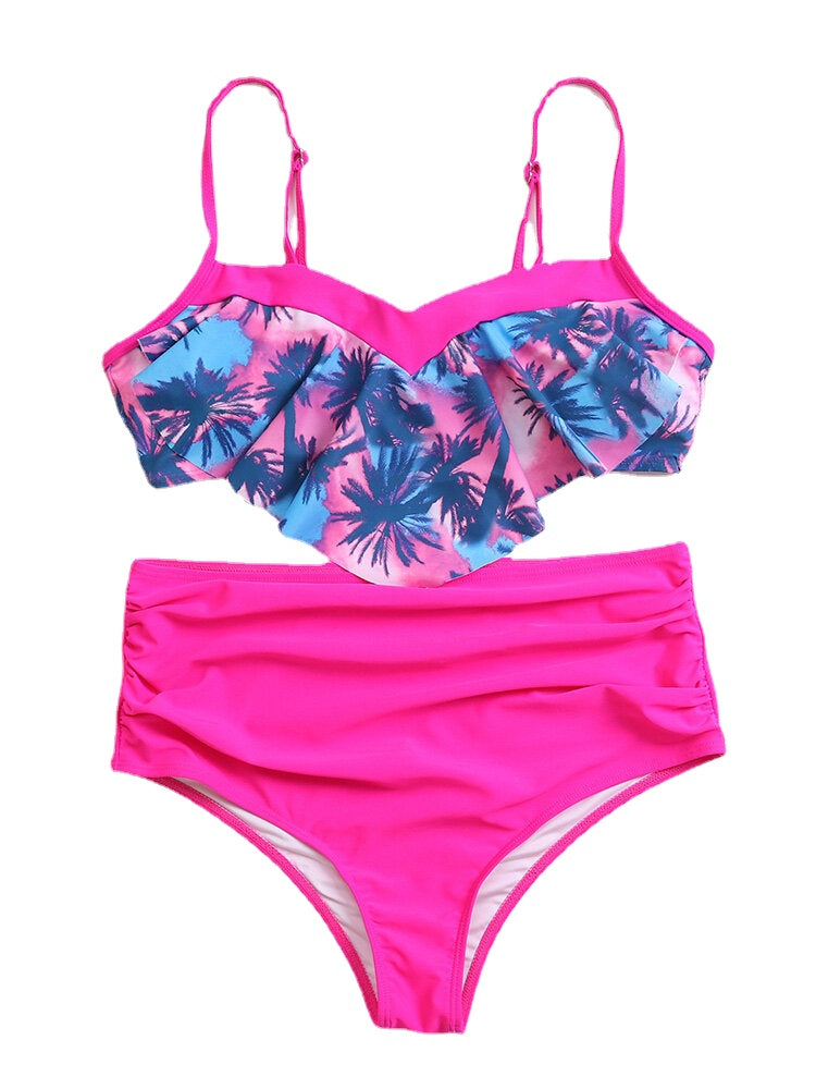 Tropical Print Ruffles Trim Open Back High Waist Holiday Irregular Beach Bikini