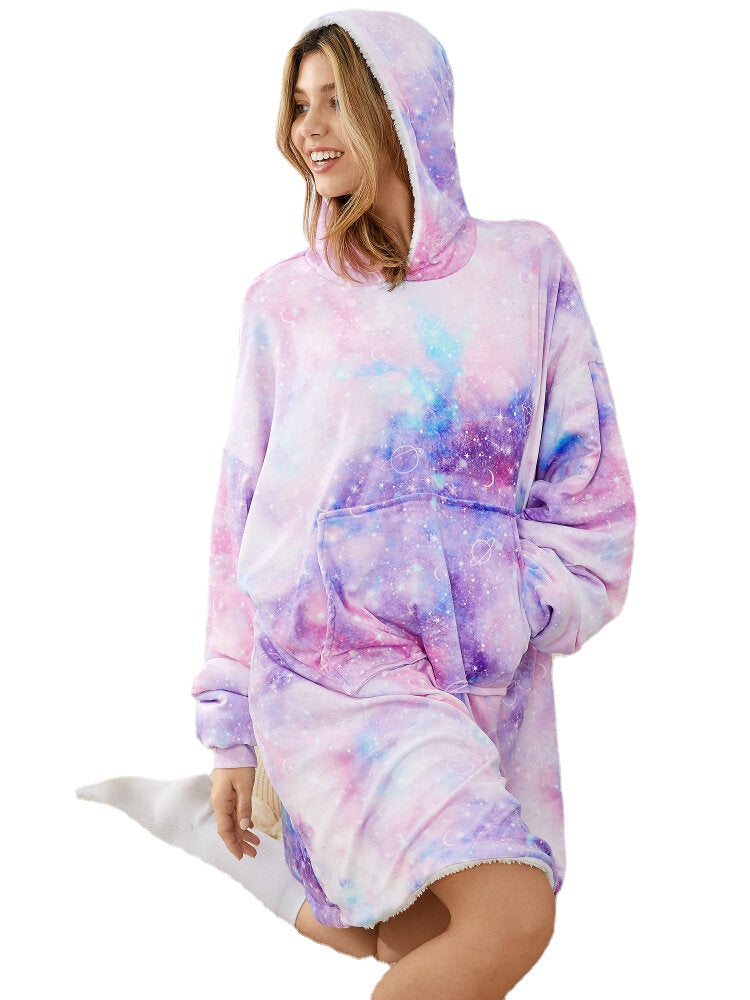 Women Starry Sky Print Oversized Thick Reversible Blanket Hoodie Comfy Homewear With Pocket