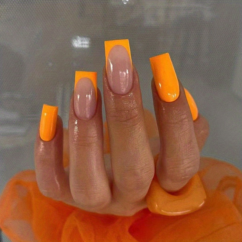 24pcs Glossy Orange French Tip Coffin Nails - Medium Length, Reusable, Summer Beach Style with Glue & Nail File