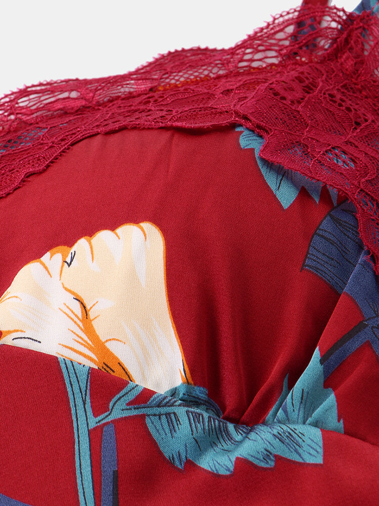 Women's Tropical Print Lace V-Neck Pajama Set