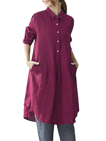 Women Casual Long Sleeve Lapel Button Pure Color Shirt Dress