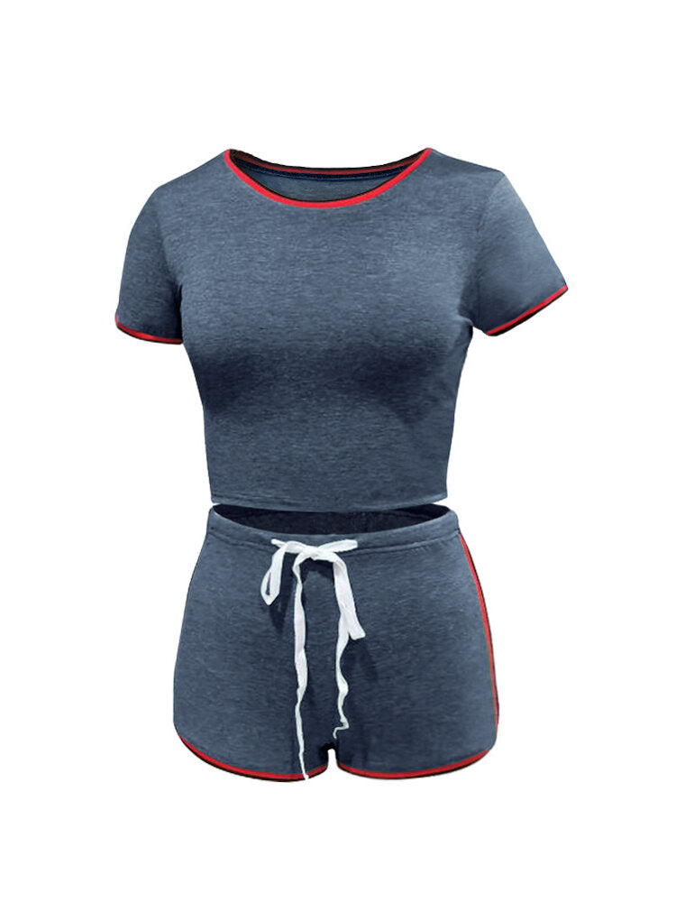 Solid Color O-neck Short Sleeve T-shirts Drawstring Waist Casual Shorts