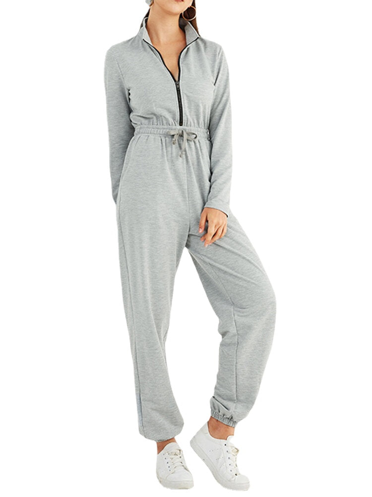 Women Solid Color Zipper Drawstring Pocket Long Sleeve Sports Casual Jumpsuit