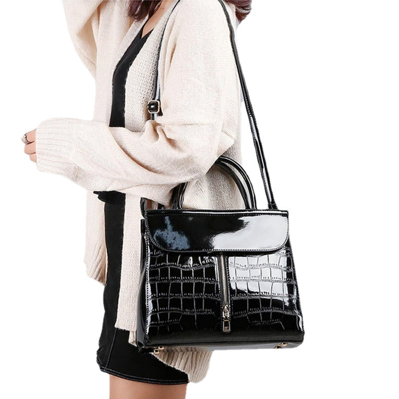 Women Portable Patent Leather Handbag Crocodile Pattern Shoulder Messenger Crossbody Bag