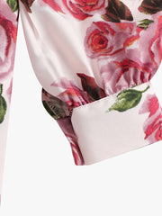 Lantern Sleeve Flower Button Lapel Rose Print Shirt