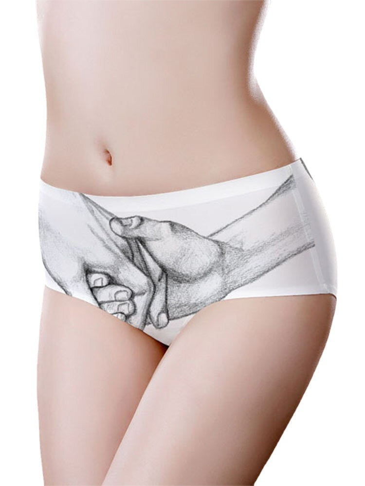 Women Cotton Breathable Hold Hands Print Full Hip Mid Waist Panty