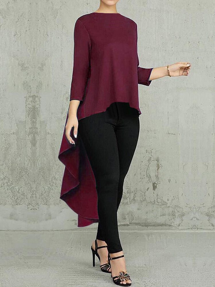 Women Long Sleeve Crew Neck High Low Hem Solid Blouse