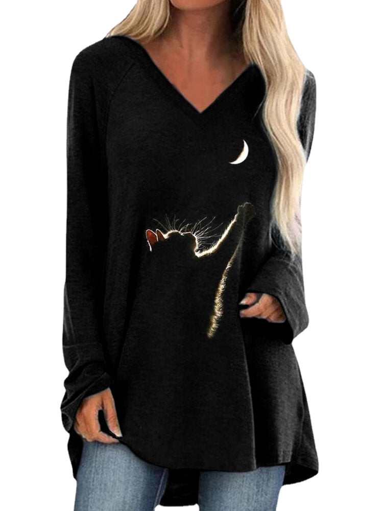 Cat Print Long Sleeves V-neck High Low Hem Casual T-shirt For Women