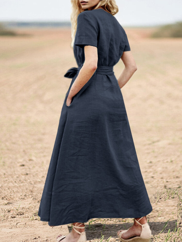 Solid Pocket Sash Short Sleeve Cotton Casual Maxi Dress