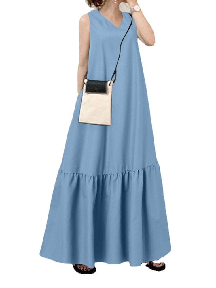 Solid Color V-neck Sleeveless Ruffles Hem Pleated Maxi Dress With Pocket