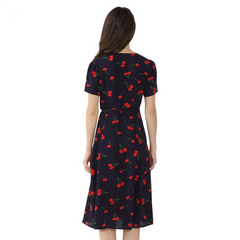 Vintage Casual V-neck A-line Midi Wrap Dress With Floral Pattern