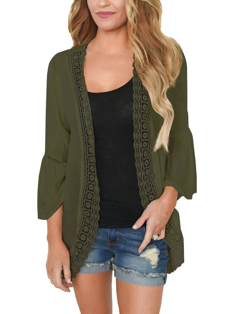 Women Solid Color Lace Trim Light Cardigans