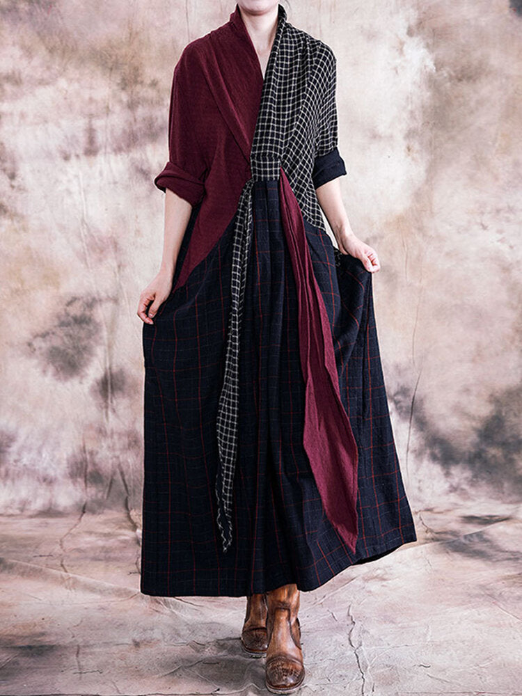 Women Long Sleeve V-neck Loose Plaid Patchwork Maxi Dress