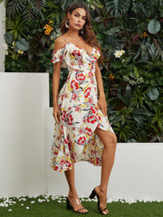 Slit Hem Random Floral Print Off Shoulder Casual Midi Dress