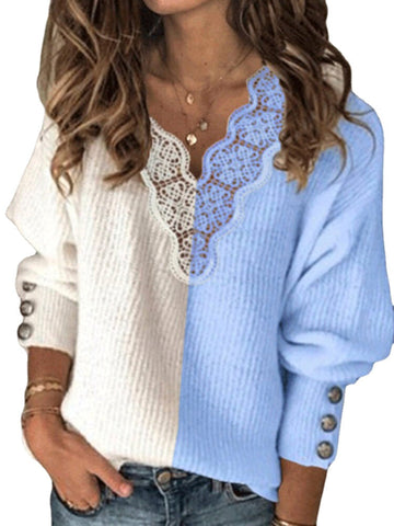 Women Patchwork Lace Lantern Sleeves Plus Size Button Casual Sweater