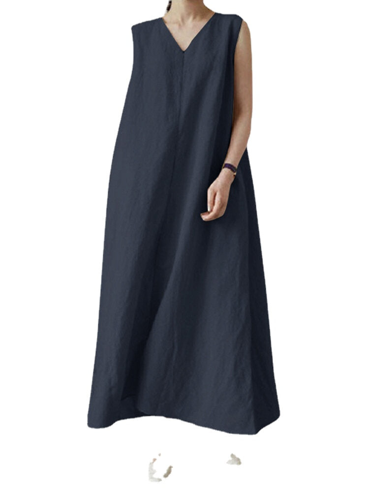 Solid V Neck Sleeveless Casual Cotton Maxi Dress