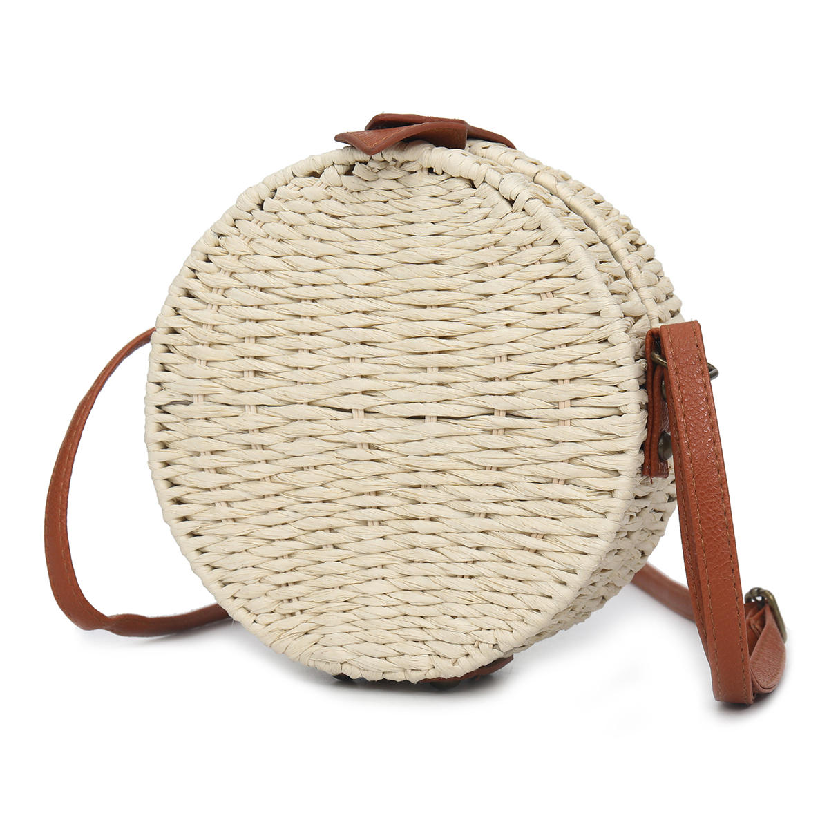 Women Summer Round Straw Shoulder Bag Vintage Woven Beach Tote Crossbody Handbag