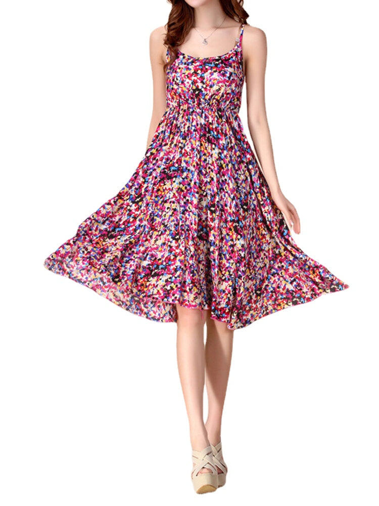 Bohemian Women Strap Flower Pattern Printing Beach A-line Dress