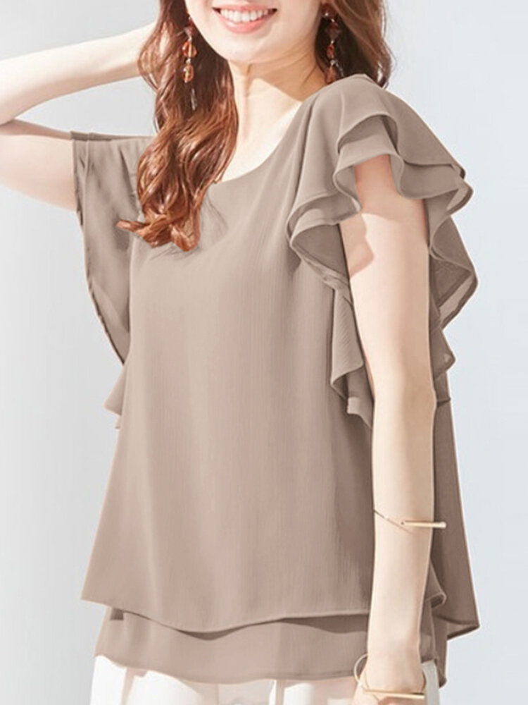 Solid Layered Ruffle Round Neck Casual Blouse