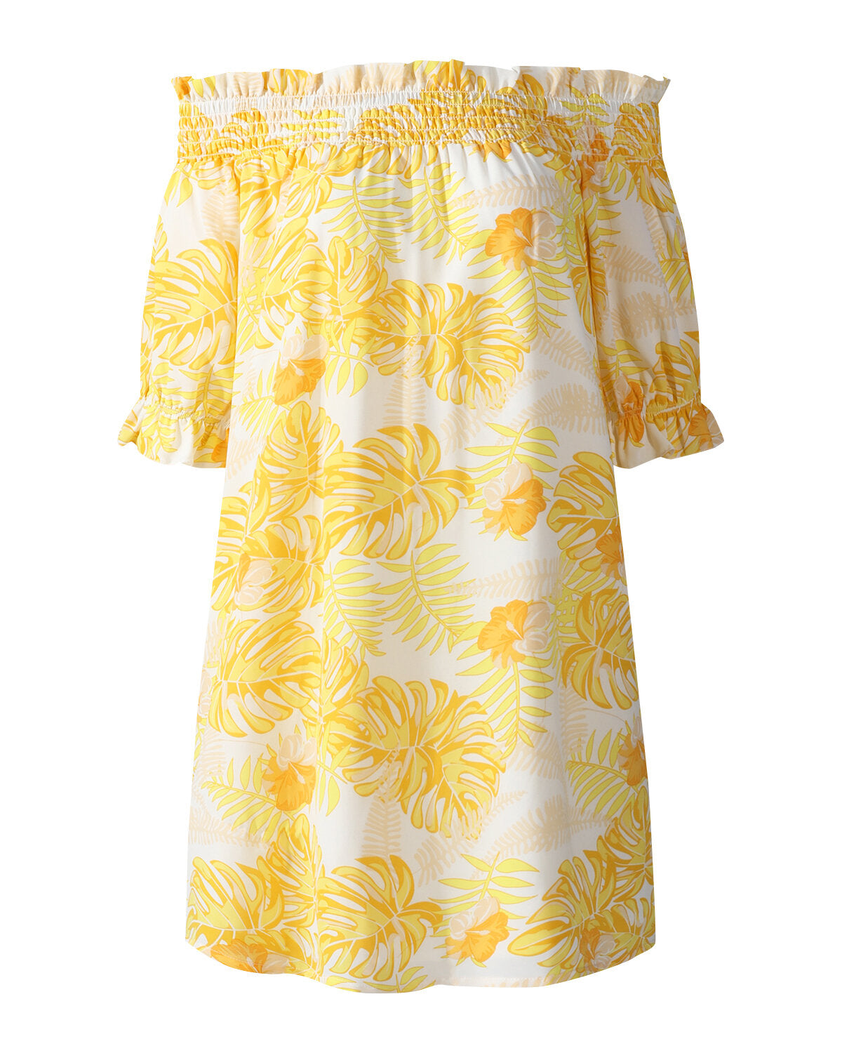 Tropical Plants Print Off Shoulder Summer Holiday Mini Dress