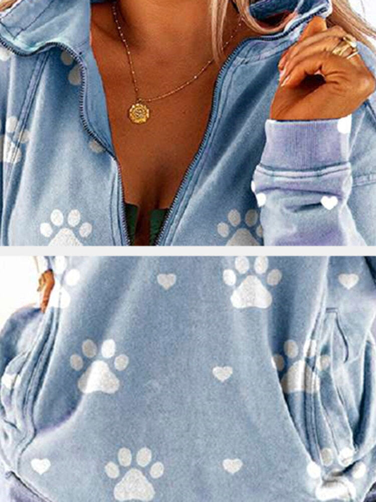 Women Dog's Paw Print Half Zip Casual Long Sleeve Sweatshirts With Pocket