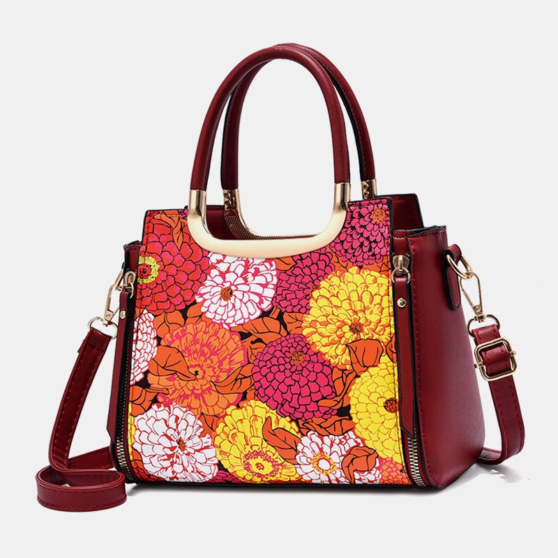 Women Color Flower Print Crossbody Multiple Compartments Zipper Handbag Shoulder Bag