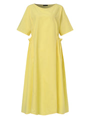 Casual Solid Color Round Neck Pleated Pocket Plain Maxi Dress