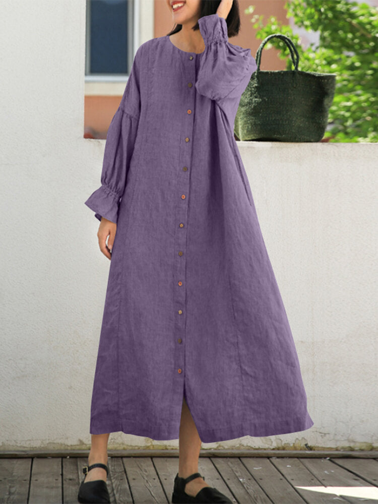 Women Long Sleeve Puff Sleeve 100% Cotton Solid Color Front  Button Midi Dresses