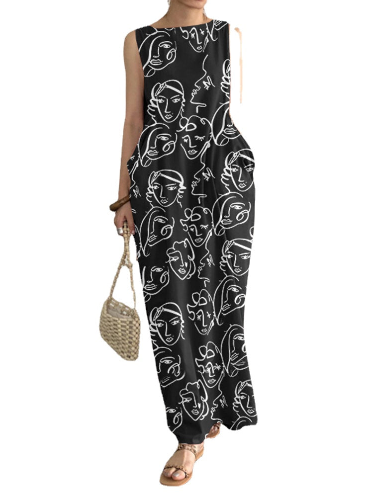 Sleeveless Print Pocket Round Neck Pattern Figure Maxi Dress