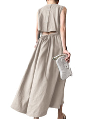 Solid Button Pocket Drawstring Show Waist Sleeveless Maxi Dress