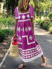 Women Ethnic Print Square Collar Short Sleeve Bohemian Maxi Dress