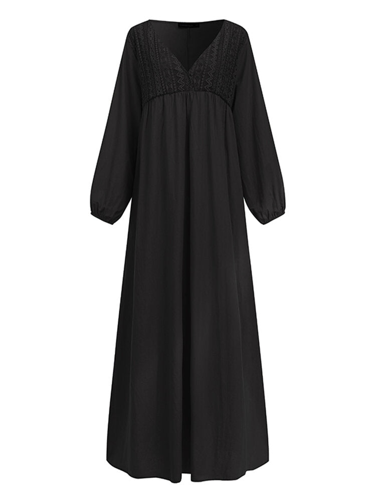 Lace Stitching V-neck Long Sleeve Elastic Cuffs Loose Casual Maxi Dress