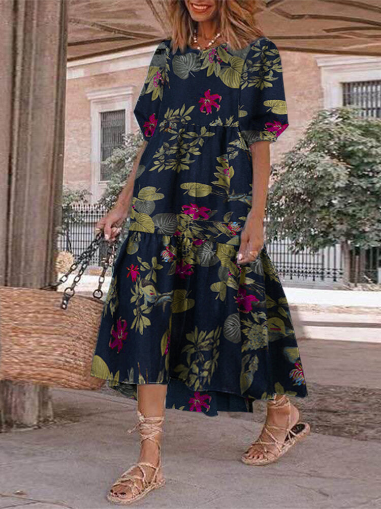 Women 100% Cotton Puff Pleeve Printed Flower Elastic Cuff Short Sleeve Midi Dress