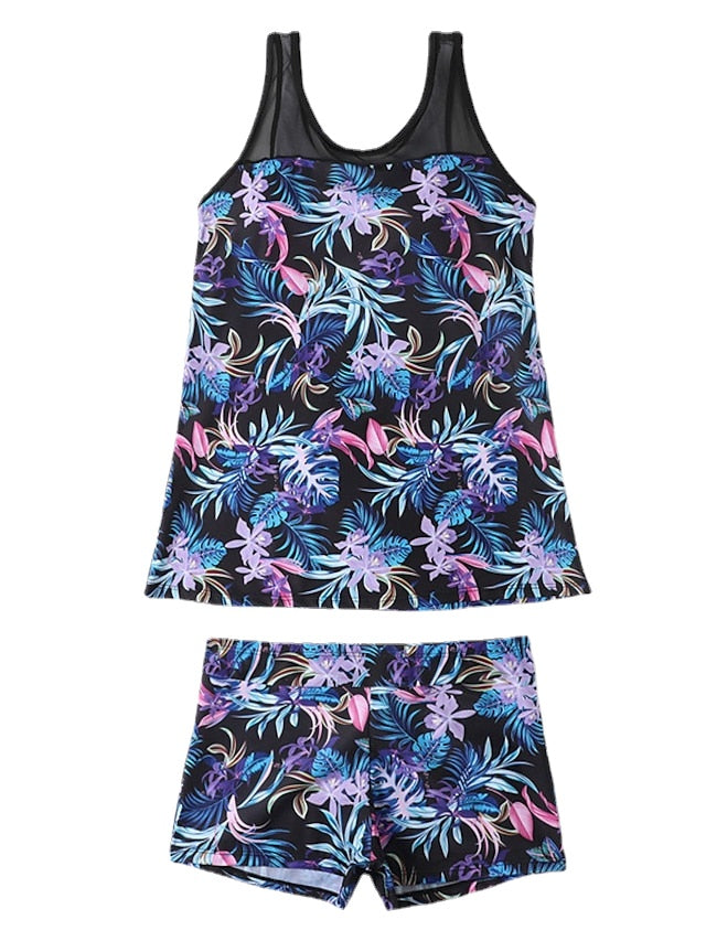 Women's Swimwear Tankini 2 Piece Normal Swimsuit Open Back Printing Floral Pure Color Black Blue Royal Blue Navy Blue Vest Scoop Neck Bathing Suits Sports Vacation Fashion / Modern / New