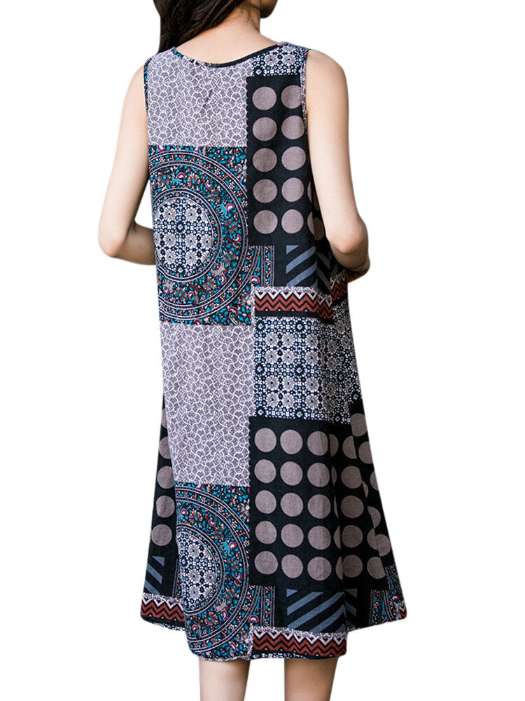 Women Sleeveless Random Printed Patchwork Split Hem Casual Dresses