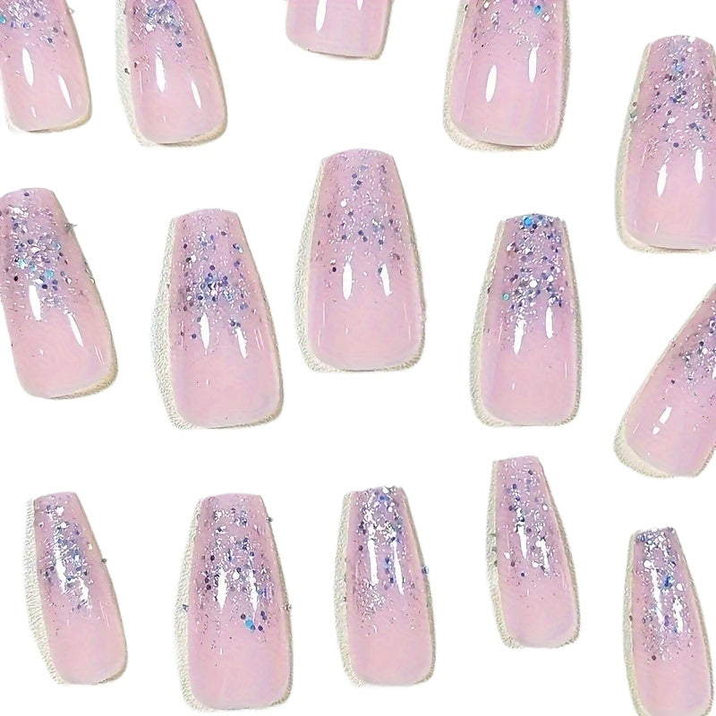 24 Pcs Pink Glitter Coffin Press-On Nails - Medium Long, Reusable & Durable, Chic French Design