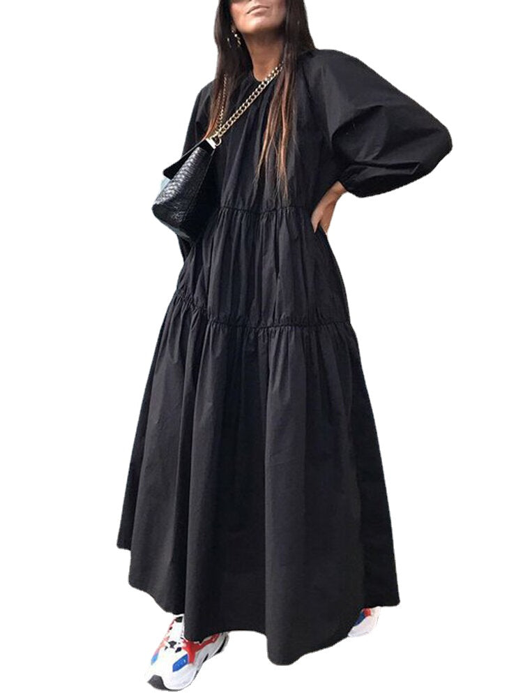 Women Solid Round Neck Tiered Swing Casual Long Sleeve Maxi Dresses