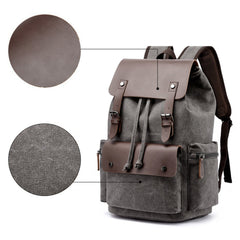 Men Washed Canvas Casual Backpack Large Capacity Drawstring Cover Backpack Laptop Bag