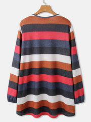 Women Colorful Horizontal Stripe Round Neck Casual Long Sleeve Blouses